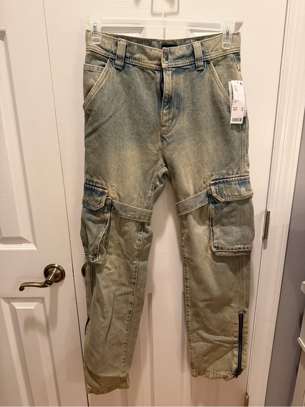 Standard Cloth Vintage Wash Cargo Jeans w/ Strap Details & Zip Hem- NEW W/ TAGS